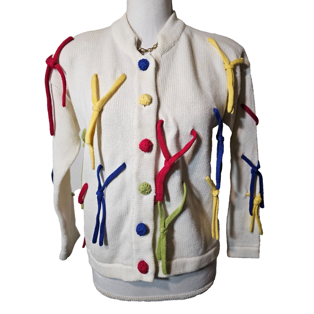 Vintage Bonnie and Bill by Holly Womens White Cardigan Sweater Strings Small S